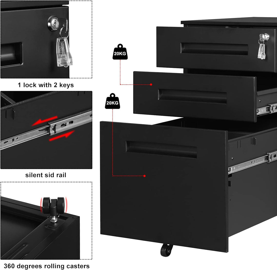 WOLTU Rollcontainer Metall, Mobiler Aktenschrank Büroschrank mit 3 Schubladen Bürocontainer, abschli