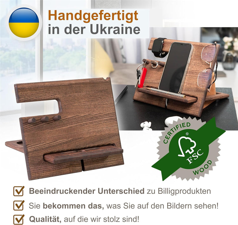 TESLYAR Schreibtisch Organizer Holz Eschenholz Wenge - Handy Ständer & Schlüssel Organizer mit 3 Hak