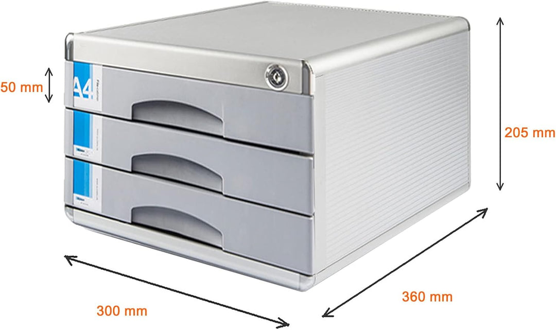 TUKA-i-AKUT Metall Schubladenbox Abschliessbar 3 Fächer A4, mit Beschriftungsfeldern, Dokumenten Auf