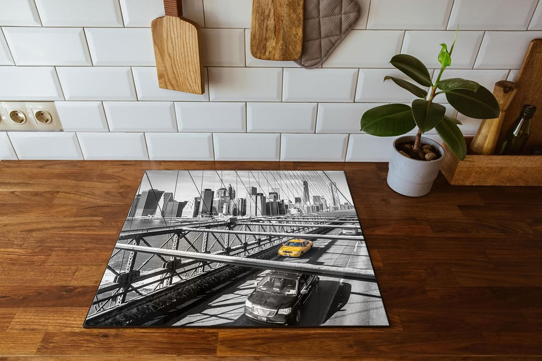 Gelbes Taxi in New York auf Brücke Herdabdeckplatte & Spritzschutz aus Echtglas | Für Herd-Kochfelde