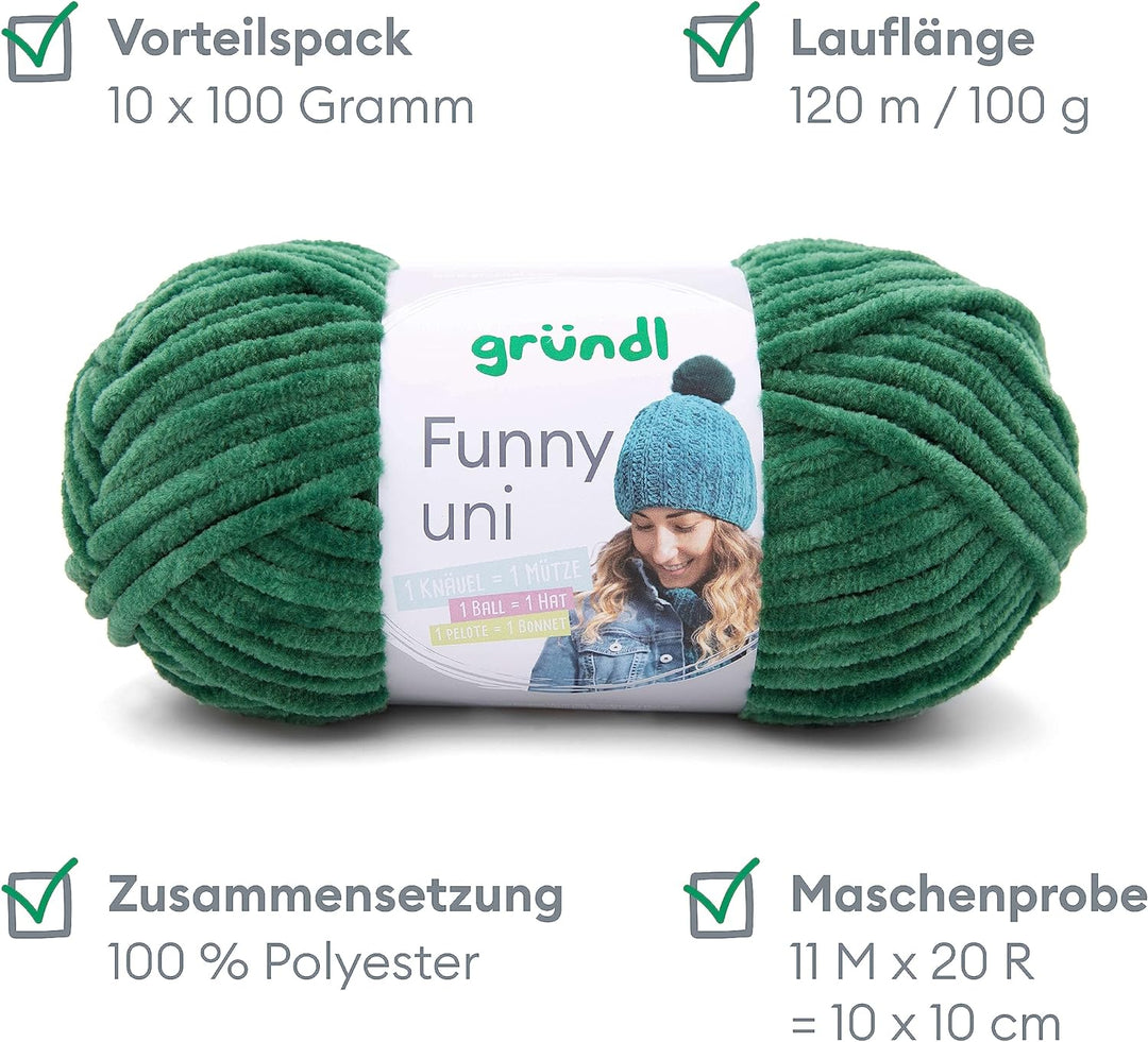Gründl Funny uni Strick- & Häkelgarn (samtartiges Chenille-Garn aus 100 % Polyester, 10 x 100 g / 12