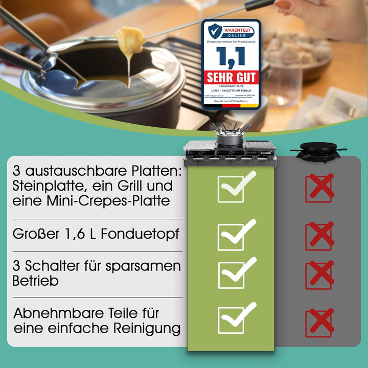 LUTEO® Raclette mit Fondue 12 Personen - Tischgrill elektrisch - Elektrogrill Steinplatte Grillplatt