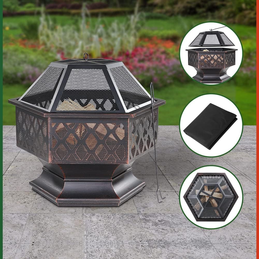 Gardebruk® Feuerschale mit Funkenschutz Sechseckig Stahl Modern Rost-Optik Garten Terrasse Feuerstel