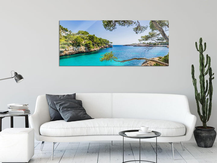 Glasbild Panorama | Wandbild aus Echtglas | Mallorca Bay Cove | 100x40 cm | inkl. Aufhängung und Abs