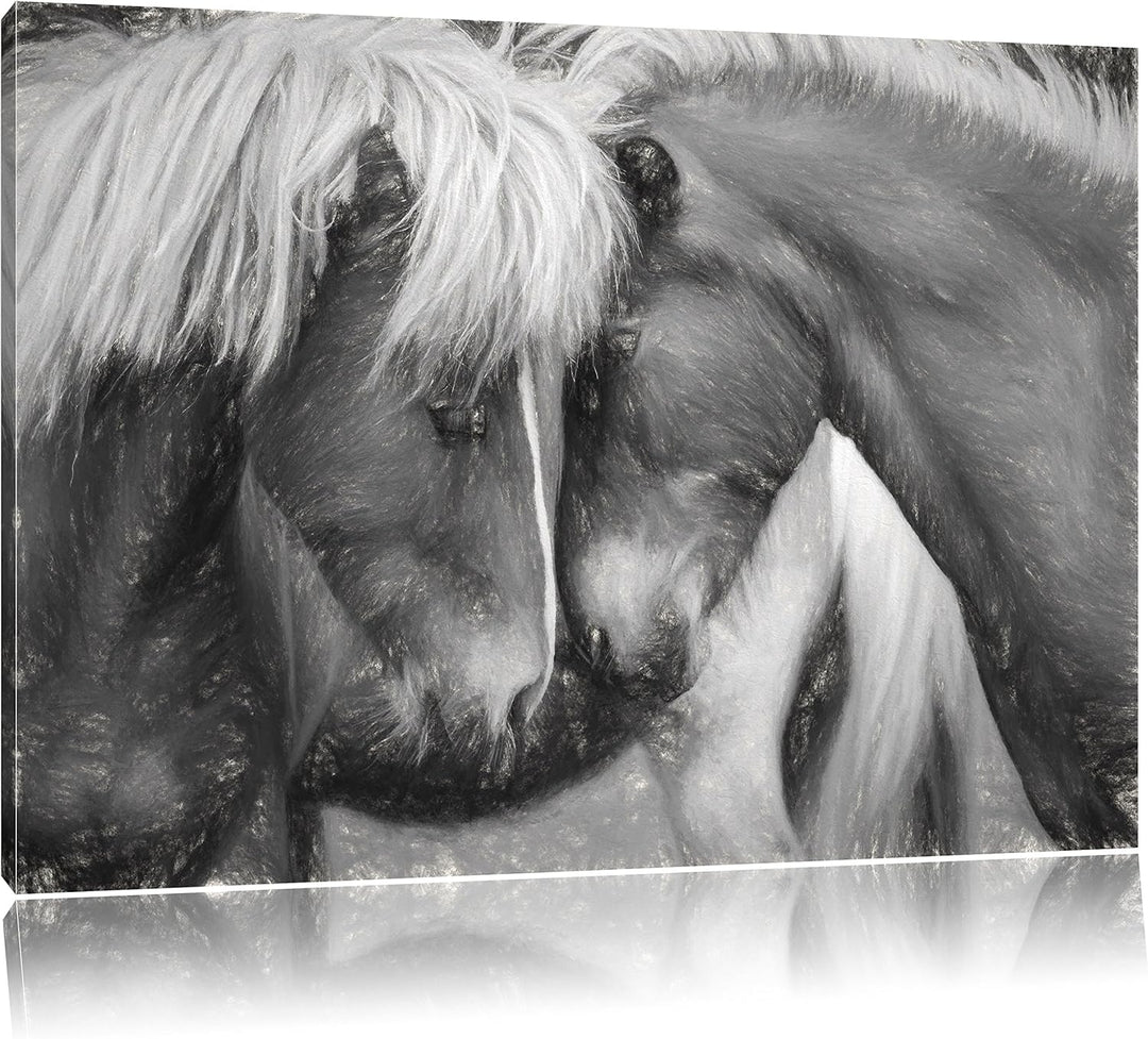 Pixxprint Zwei schmusende Pferde Kunst / 100x70cm Leinwandbild bespannt auf Holzrahmen/Wandbild Kuns