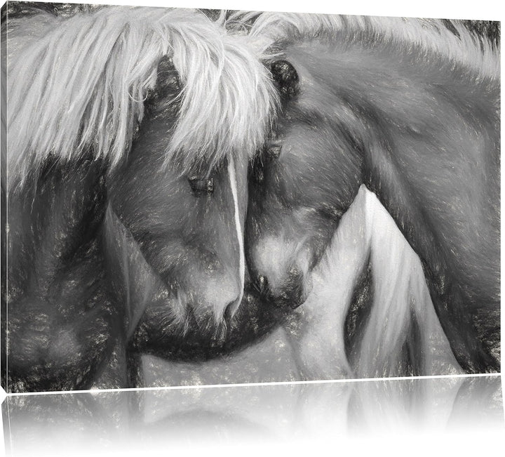 Pixxprint Zwei schmusende Pferde Kunst / 100x70cm Leinwandbild bespannt auf Holzrahmen/Wandbild Kuns