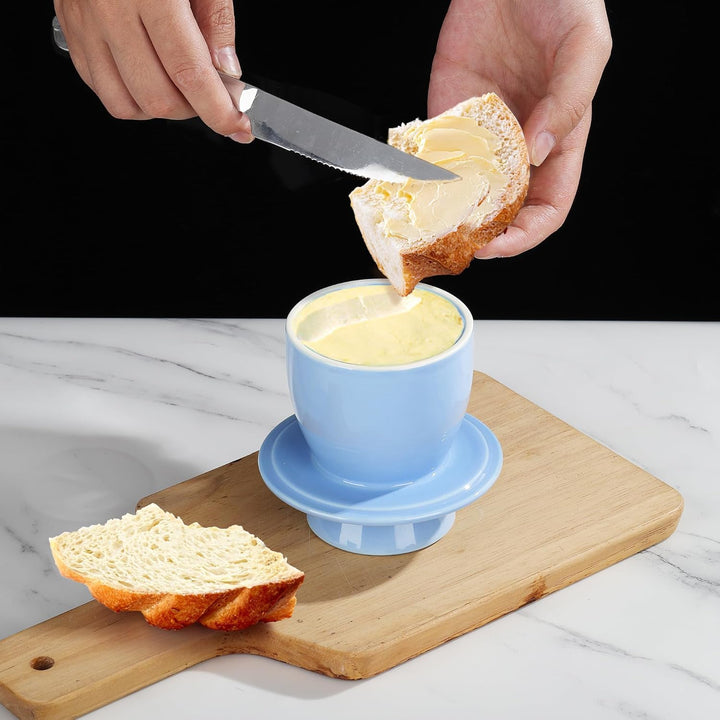 fanquare Blau Butterdose Porzellan mit Deckel, Runder Butterbehälter fur Französische Butterdose und