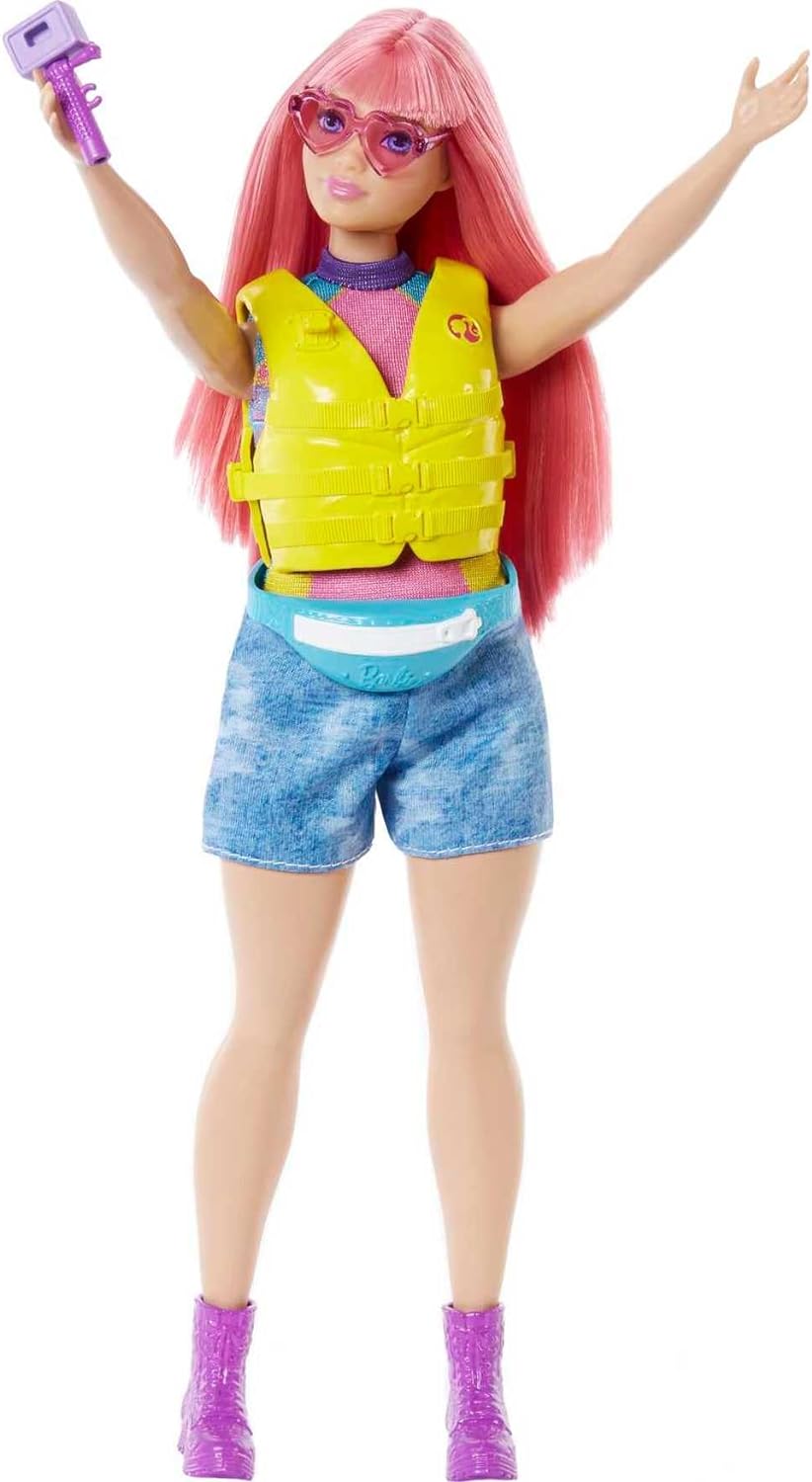 Barbie Camping Serie, Barbie-Puppe mit rosa Haaren, Kajak, Welpe, Schwimmweste, Barbie Accessoires,