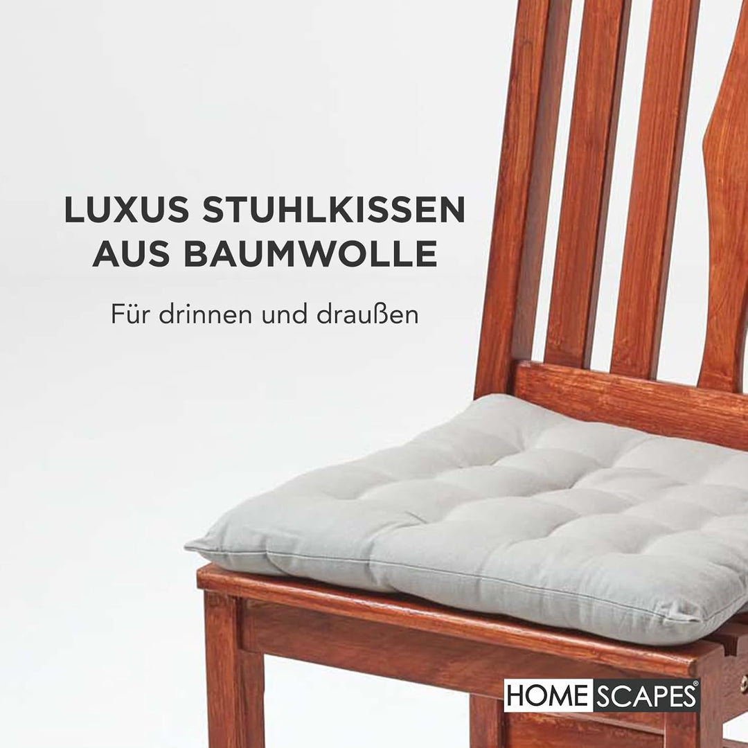 Homescapes 4er Set Stuhlkissen 40 x 40 cm, grau, Sitzkissen mit Bändern und Knopfverschluss, einfarb