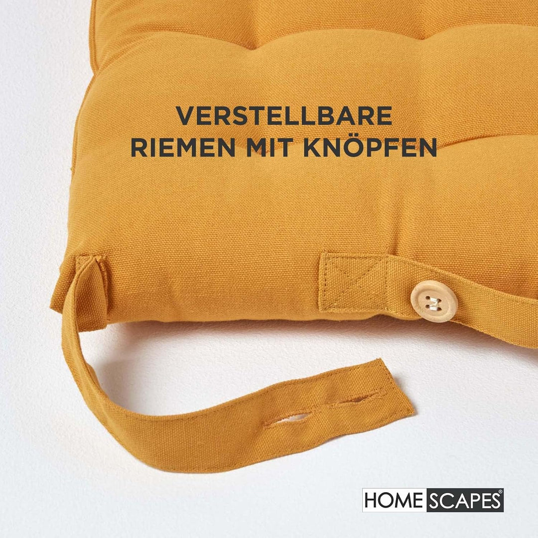 Homescapes 4er Set Stuhlkissen 40 x 40 cm, senfgelb, Sitzkissen mit Bändern und Knopfverschluss, ein