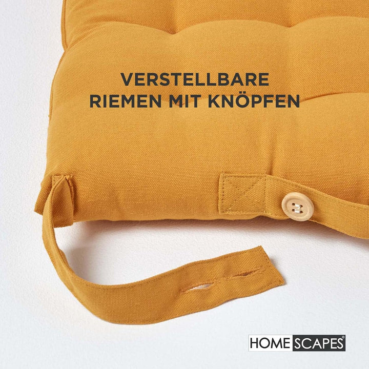 Homescapes 6er Set Stuhlkissen 40 x 40 cm, senfgelb, Sitzkissen mit Bändern und Knopfverschluss, ein
