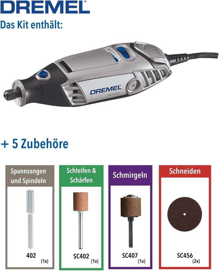 Dremel 3000 Multifunktionswerkzeug 130W, Set mit 5 Zubehörteilen, Variable Drehzal 10.000-33.000 U/m