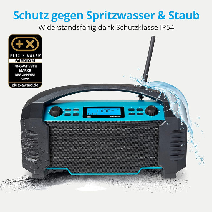 MEDION E66050 DAB+ Baustellenradio (Integrierter Akku, IP54 Schutz gegen Spritzwasser & Staub, USB-L