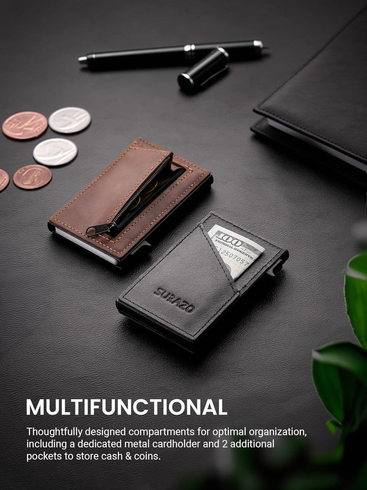 SURAZO® Echtleder Mini Card Holder | Kreditkartenetui mit Münzfach | Slim Geldbörse mit Kartenfach |