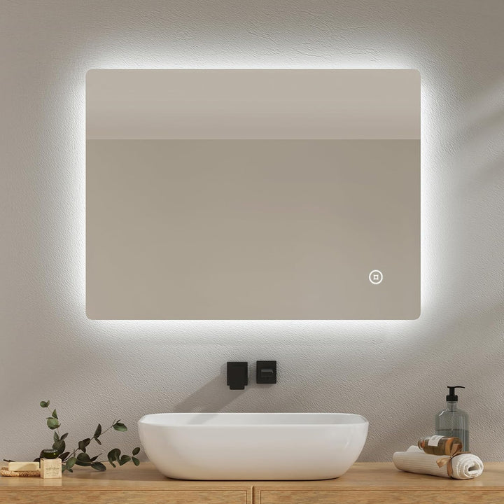 EMKE Badspiegel mit Beleuchtung 60x80cm, Badezimmerspiegel mit Beschlagfrei, 3 Lichtfarben dimmbar,