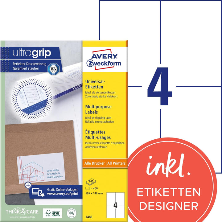 AVERY Zweckform 3483 Universal Etiketten (400 Klebeetiketten, 105x148mm auf A4, Papier matt, bedruck