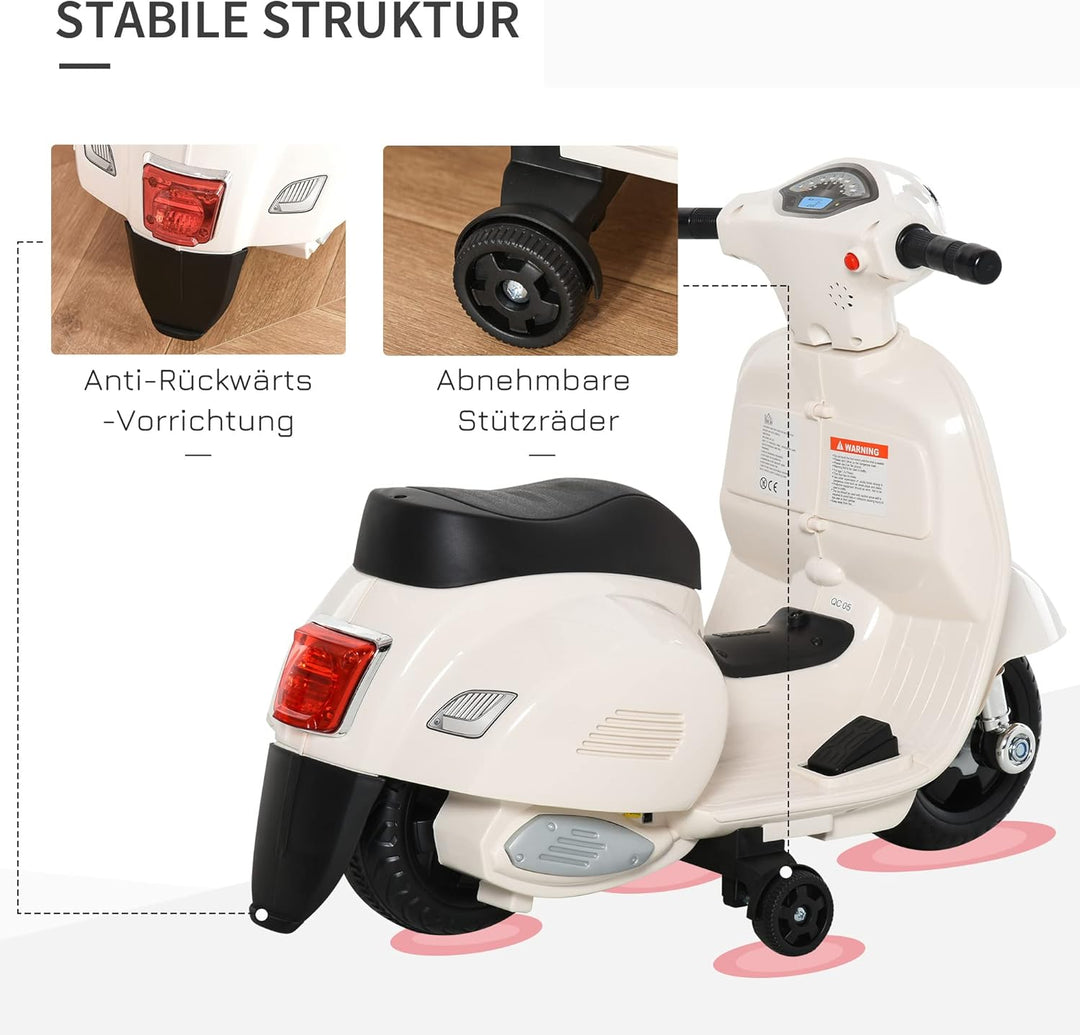 HOMCOM Vespa Elektromotorrad Kindermotorrad Elektrofahrzeug 18-36 Monate 3 km/h LED-Licht Sound PP-K