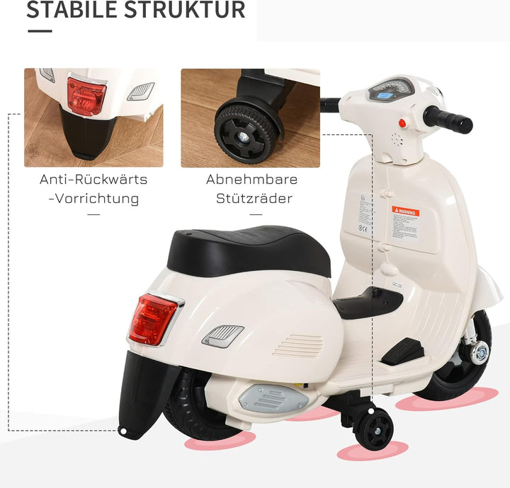HOMCOM Vespa Elektromotorrad Kindermotorrad Elektrofahrzeug 18-36 Monate 3 km/h LED-Licht Sound PP-K