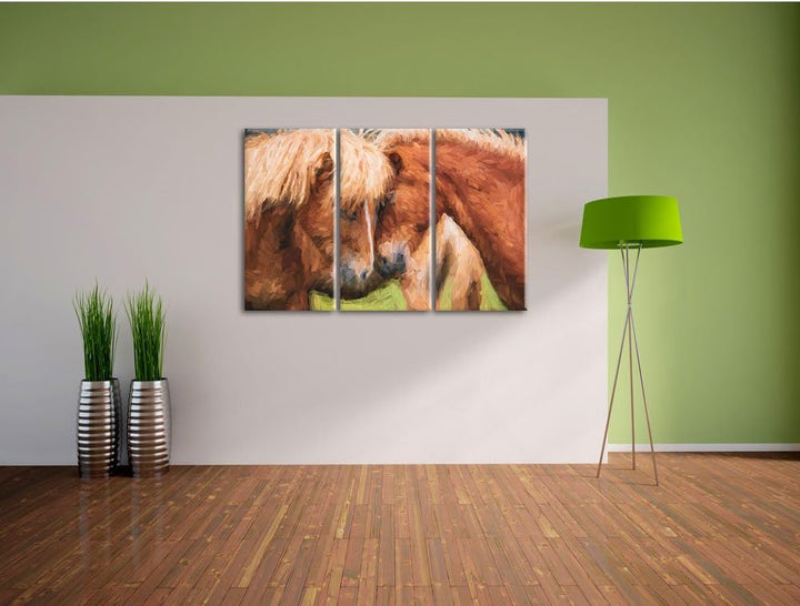 Pixxprint Zwei schmusende Pferde Kunst als Leinwandbild/Grösse: 3 Teilig (120x80) / Wandbild/Kunstdr
