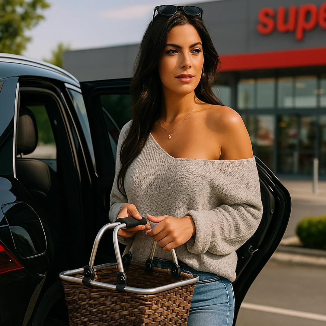 Rattan Einkaufskorb individuelle Einfärbung mit hochwertigem gepolstertem Aluminium Klapphenkel Shop