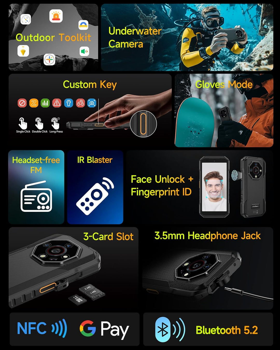 Ulefone Armor X32 Outdoor Smartphone 2025, MTK G91 48MP+20MP Nachtsicht 12GB+128GB/2TB SD 5,65" Corn