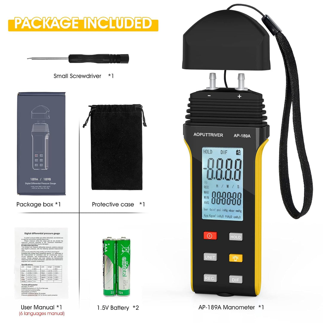 Manometer, AOPUTTRIVER AP-189A Professionelles Luftdruckmessgerät, Gasdruckmessgerät mit zwei Anschl