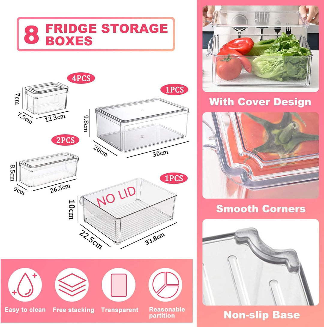 TWBEST Kühlschrank Organizer 8 Set,Kühlschrank-Organizer Mit Griff für Küche-Mit Deckel,Behälter für