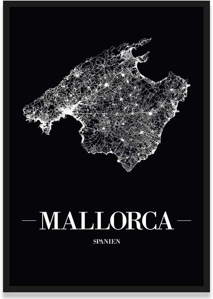 JUNIWORDS Stadtposter, Mallorca, Wähle eine Grösse, 21 x 30 cm, Poster mit Rahmen, Schrift A, Schwar