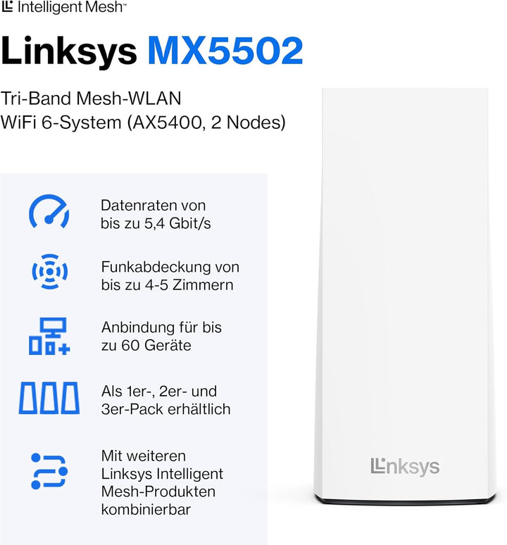 Linksys Atlas Pro 6 Velop Dual-Band-Mesh-WiFi 6-System (AX5400) WLAN-Router mit bis zu 500 m² Funkab