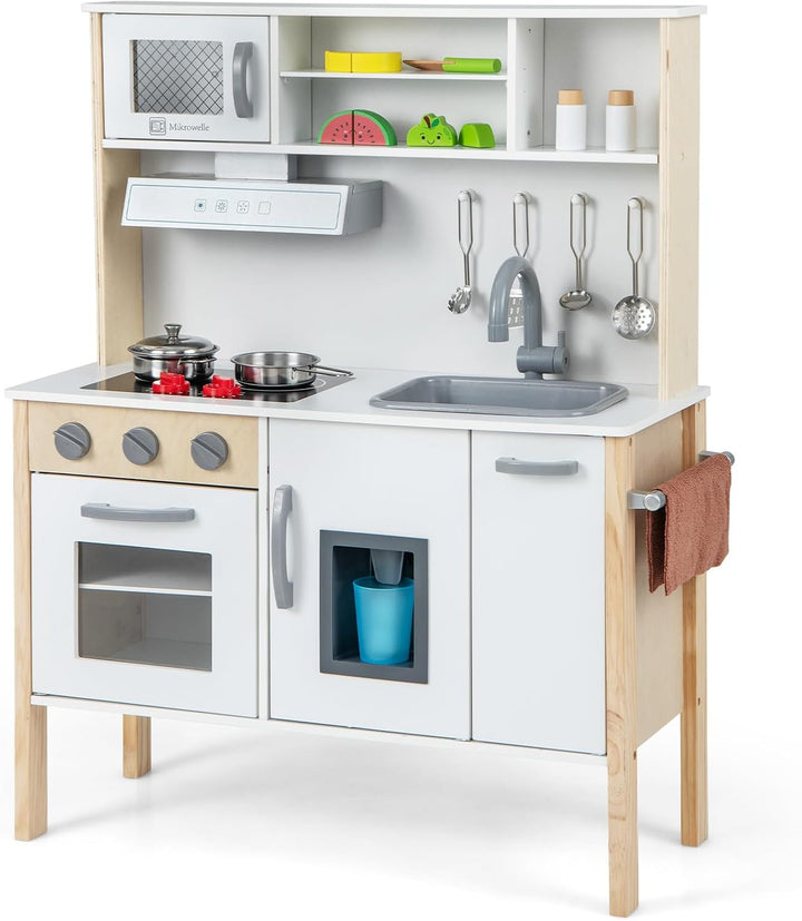 COSTWAY Kinderküche Spielküche inkl. 18 Zubehör, Kinder Küche Holz mit Spüle Mikrowelle Eismaschine