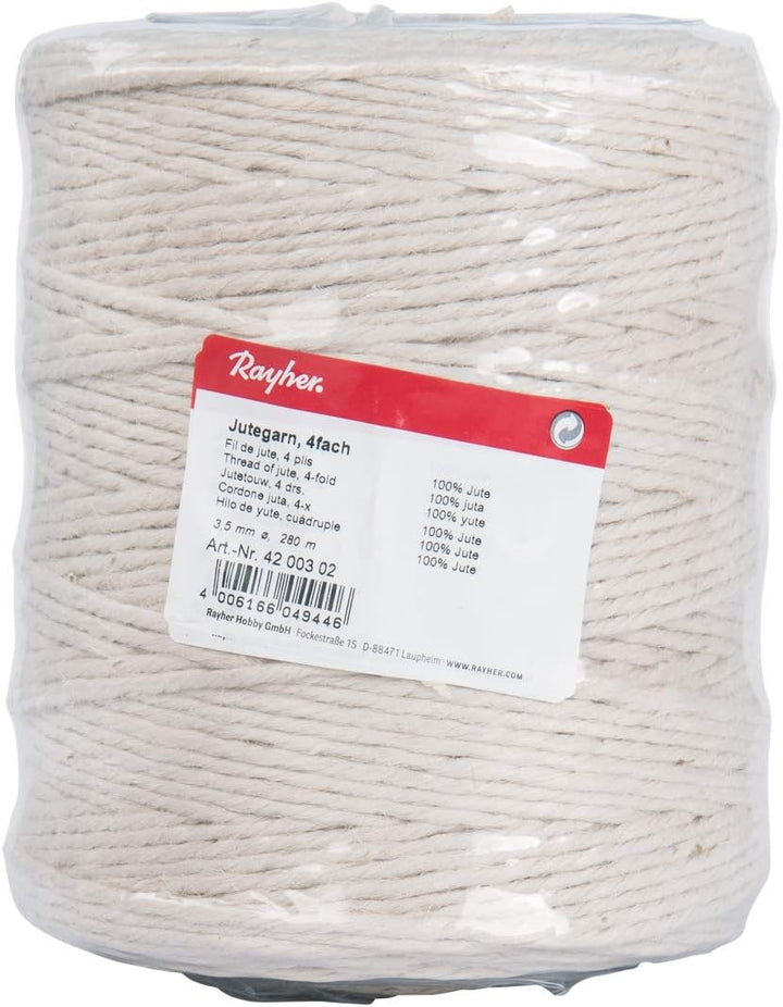 Rayher Hobby Rayher 4200302 Jutegarn, 3fach, 3,5 mm ø, Spule 280 m, Farbe weiss/ elfenbein, Jute-Sch