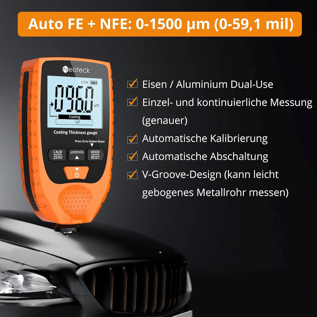 Neoteck Schichtdickenmessgerät Lackdickenmessgerät Auto mit LCD-Display für Stahl- und Aluminium-Bas