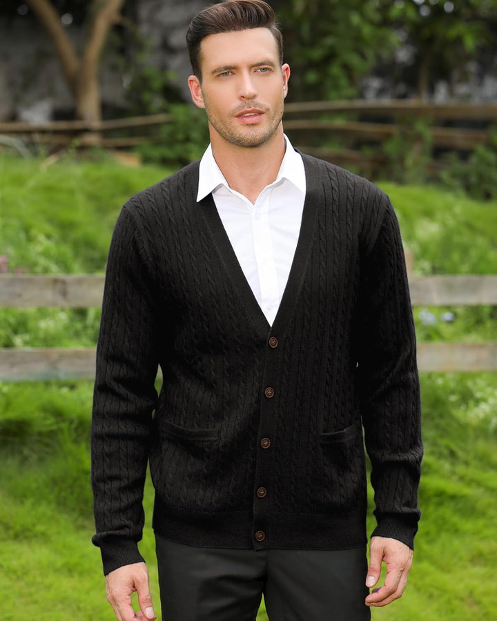 Kallspin Herren Strickjacke aus Wollmischung Zopfstrick Cardigan mit Knopfverschluss und Taschen M S