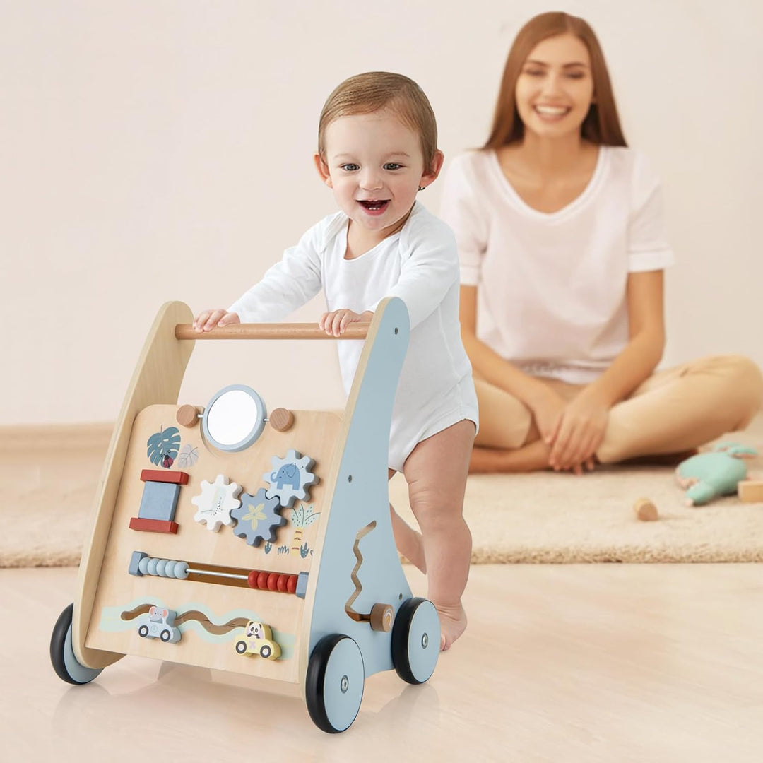 COSTWAY Baby Lauflernwagen Holz, 2-in-1 Lauflernhilfe mit Multi-Aktivitätslernzentrum, Motorischen F