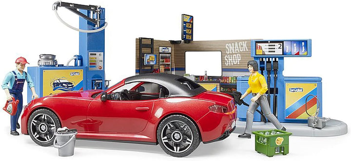 bruder 62111 - Bworld Tankstelle mit Zapfsäule, Ladestation E-Autos, Roadster, Fahrerin, Waschplatz,