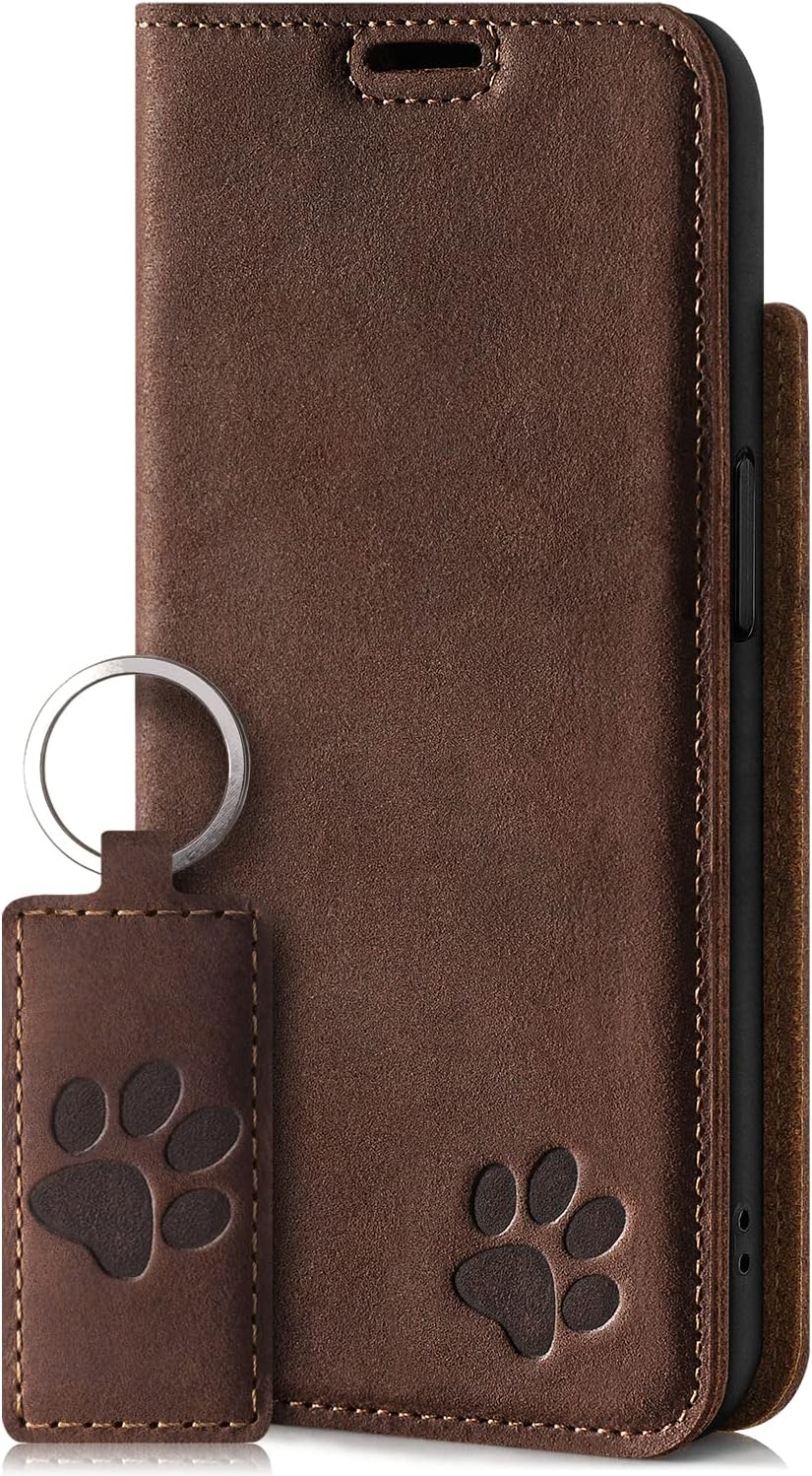 SURAZO Smart Magnet Handyhülle für Apple iPhone 13 Pro – Premium Echtleder Hülle mit Pfote Motiv – K