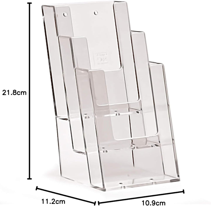 4 Stück taymar Tisch-Prospekthalter, Flyerständer mit 3 Fächern, Fülltiefe 30 mm, glasklar, A4 gedri