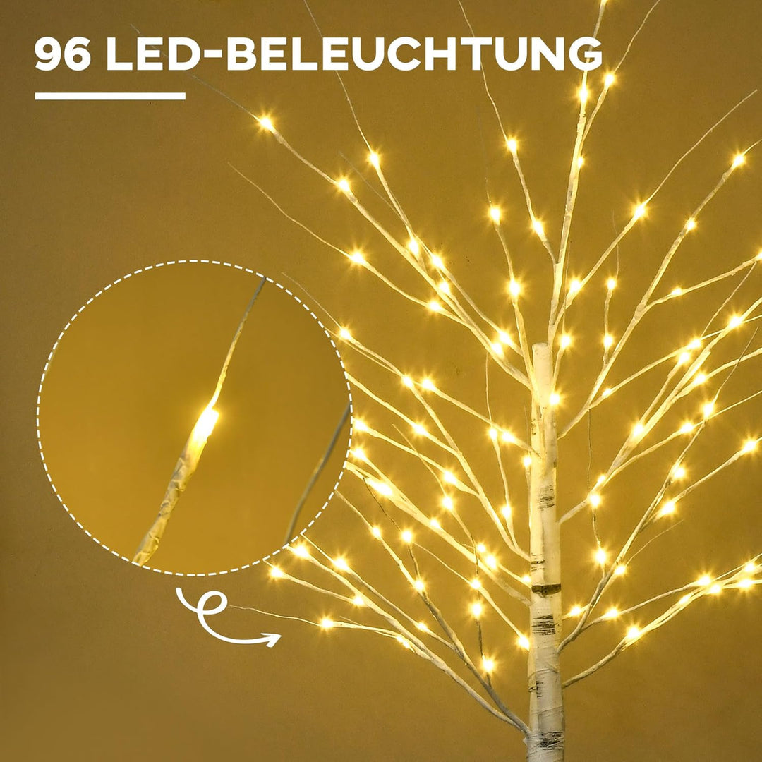 HOMCOM 180 cm Kunstbaum, Birkenbaum mit LED, Weihnachtsbaum Birken, Weihnachtsdeko Kunstbirke für Pa