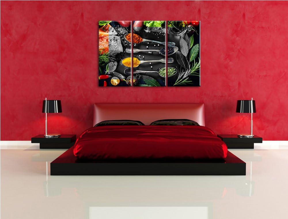 Gewürzmischung auf Löffeln schwarz/weiss 3-Teiler Leinwandbild 120x80 Bild auf Leinwand, XXL riesige