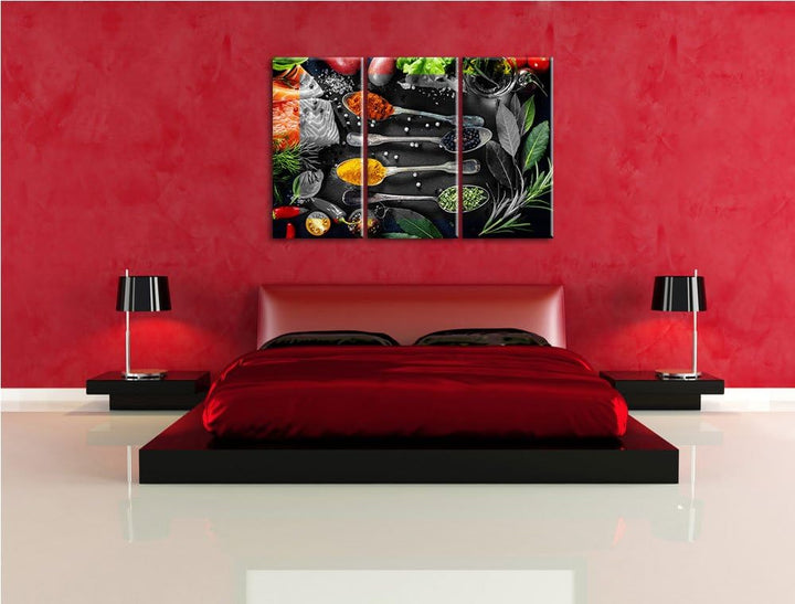 Gewürzmischung auf Löffeln schwarz/weiss 3-Teiler Leinwandbild 120x80 Bild auf Leinwand, XXL riesige