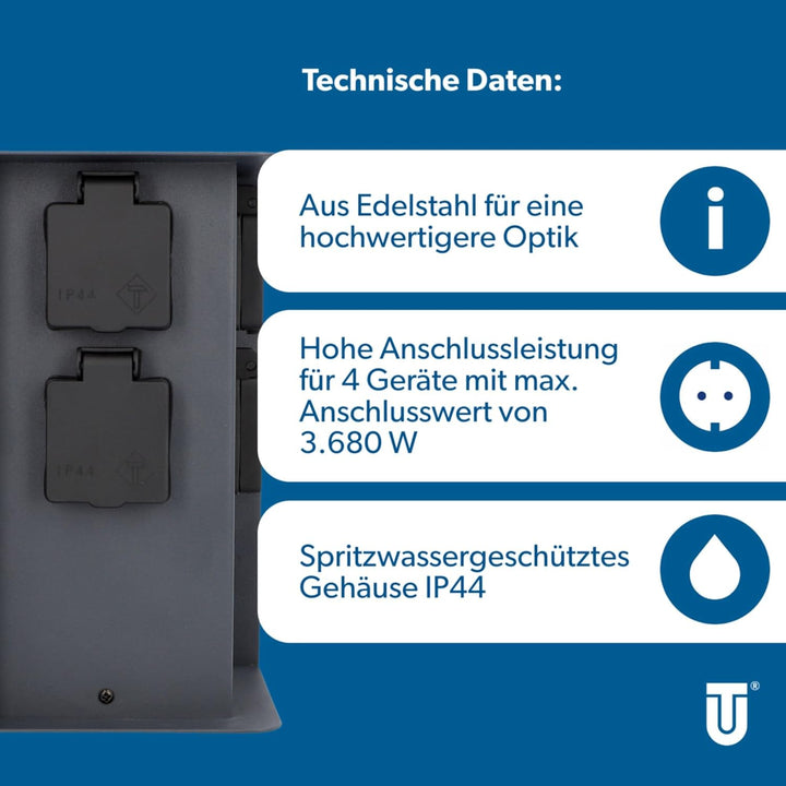 UNITEC Steckdosenverteiler für den Garten, Steckdosensäule, Aussensteckdose Edelstahl, IP 44, 4 Stec