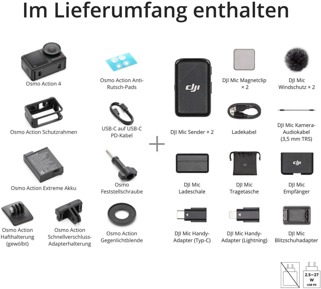 DJI Osmo Action 4+Mikrofon (2 Sender+1 Empfänger+Ladeschale) – Vlogging-Kamera mit einem 1/1,3-Zoll-
