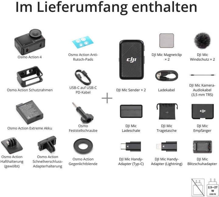 DJI Osmo Action 4+Mikrofon (2 Sender+1 Empfänger+Ladeschale) – Vlogging-Kamera mit einem 1/1,3-Zoll-