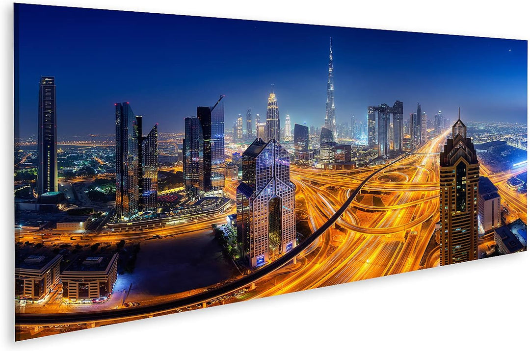 islandburner Bild auf Leinwand Dubai Skyline Nacht Panoramablick Bilder Wandbilder Poster Leinwand 1