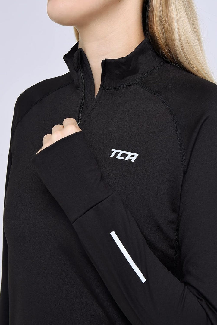 TCA Damen Winter Running Langarm Laufshirt mit Brustreissverschluss S Schwarz, S Schwarz
