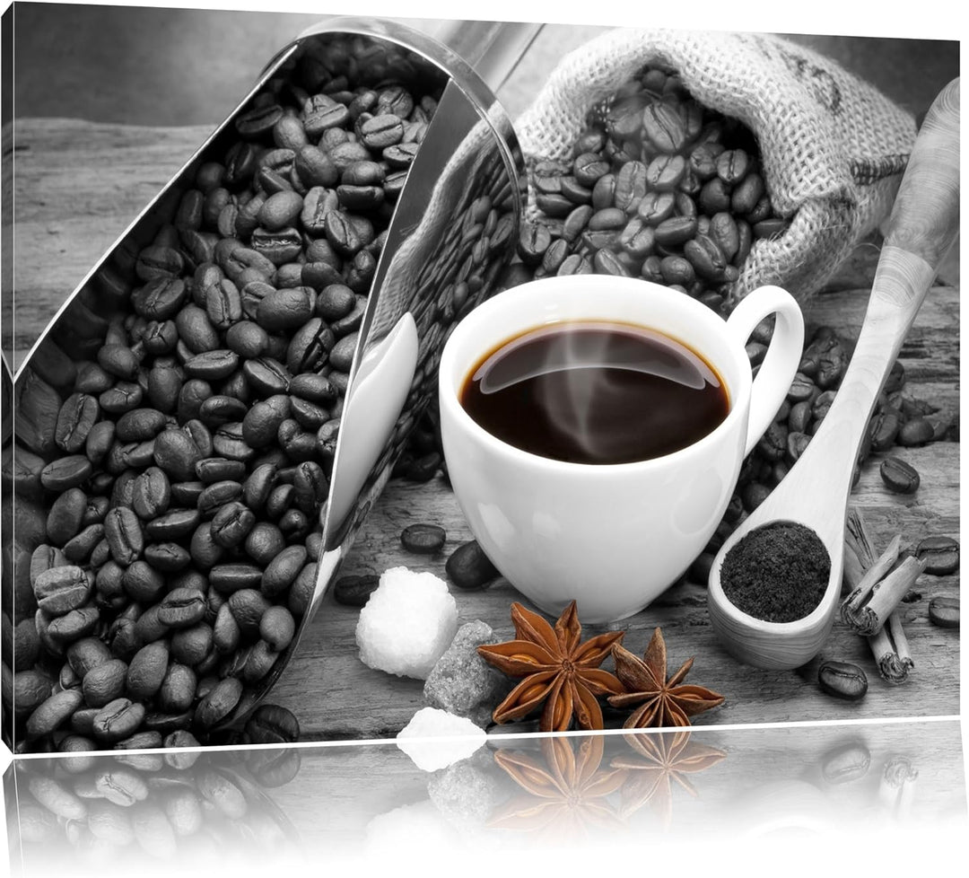 frischer Kaffe neben Kaffeebohnen schwarz/weiss Format: 100x70 auf Leinwand, XXL riesige Bilder fert
