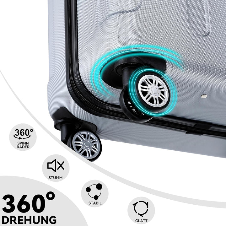 BEIBYE Hartschalen-Koffer Trolley Rollkoffer Reisekoffer Handgepäck 4 Rollen (M-L-XL-Set) (Silber, S