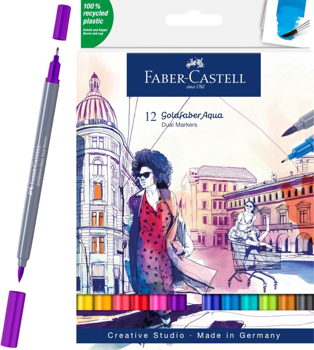 Faber-Castell 164612 - Goldfaber Aqua Dual Marker, mit Pinselspitze und Fineliner Spitze, 12er Etui