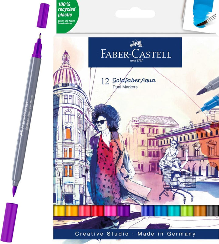 Faber-Castell 164612 - Goldfaber Aqua Dual Marker, mit Pinselspitze und Fineliner Spitze, 12er Etui