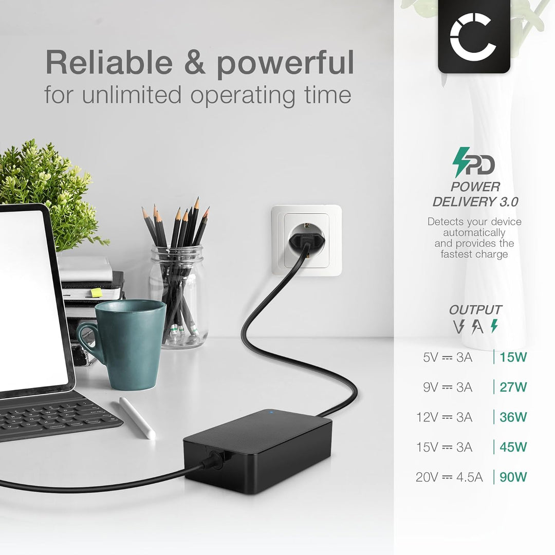 CELLONIC® PD Power Delivery | 5V-20V 90W Netzteil (auch 87W 61W 45W 30W 12W) für USB C Notebooks, Ta